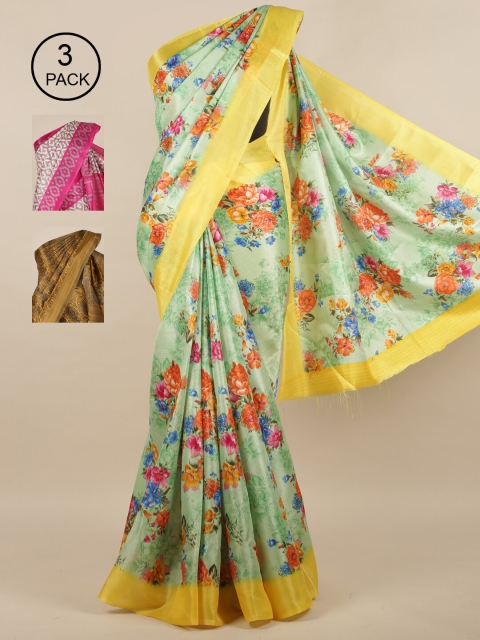 

Pothys Green & Brown Pack of 3 Floral Jute Silk Saree