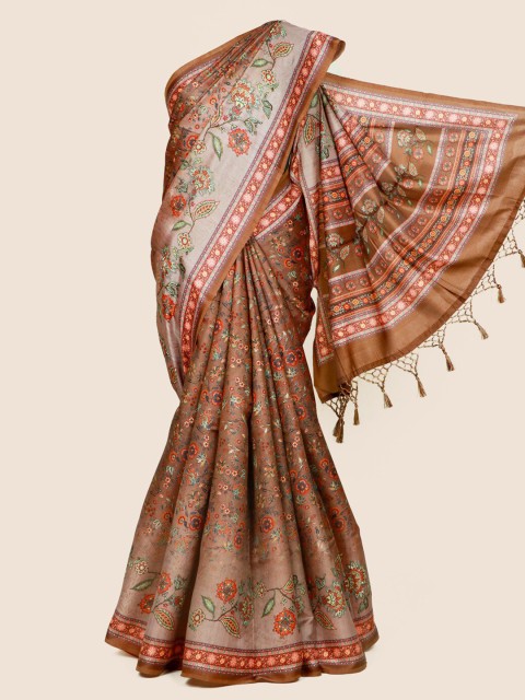 

Pothys Brown & Off White Floral Embroidered Linen Blend Saree