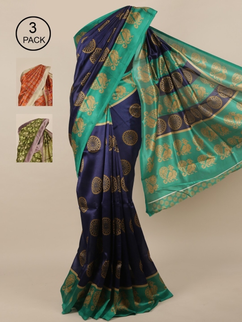 

Pothys Pack of 3 Jute Silk Printed Sarees, Navy blue