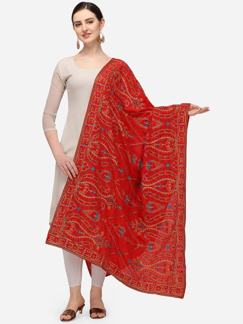 

VASTRANAND Red & Green Ethnic Motifs Embroidered Dupatta with Thread Work