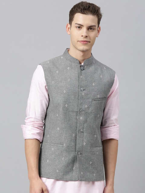 

RARE RABBIT Men Grey & White Woven Design Pure Cotton Nehru Jacket