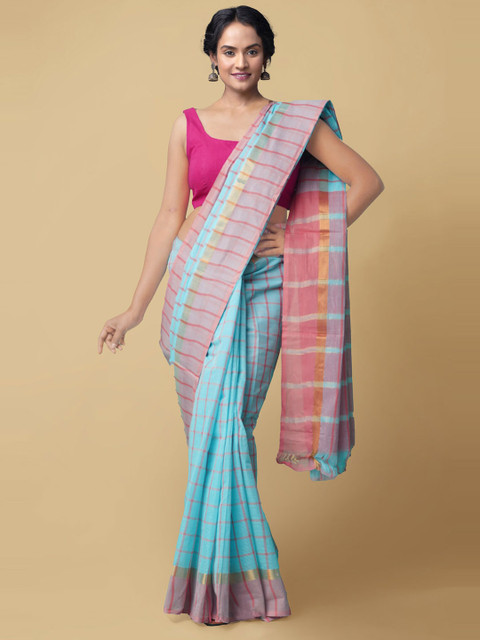 

Unnati Silks Blue & Pink Checked Zari Pure Cotton Mangalagiri Handloom Saree