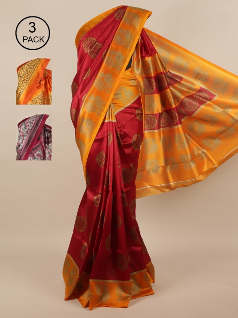 

Pothys Pack of 3 Jute Silk Printed Sarees, Red