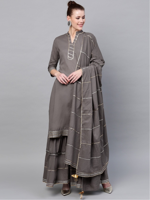 

Ishin Women Grey Pure Cotton Kurta with Sharara & With Dupatta
