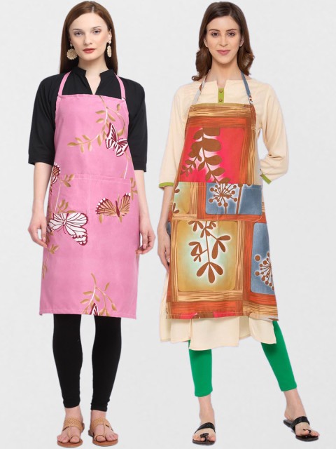 

KLOTTHE Unisex Pack Of 2 Printed Cotton 210 TC Aprons, Pink