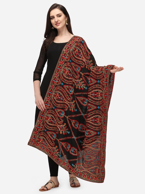 

VASTRANAND Black & Red Ethnic Motifs Embroidered Dupatta with Thread Work