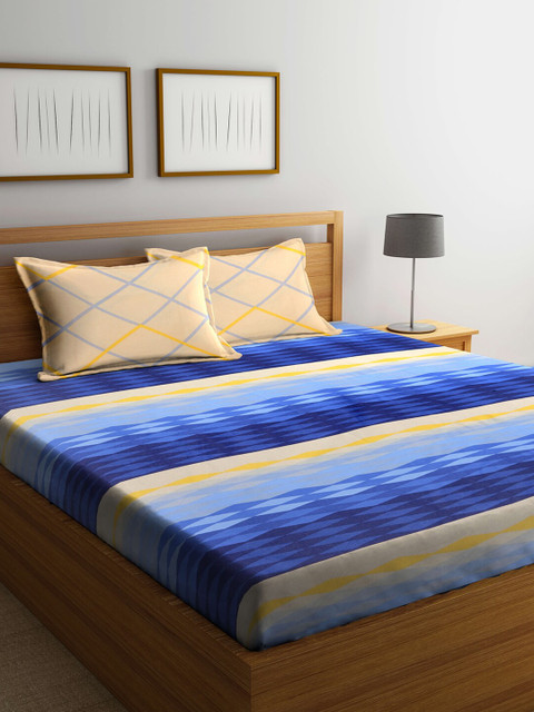 

Weaving Magic Blue & Beige Striped 104 TC Cotton Queen Bedsheet with 2 Pillow Covers