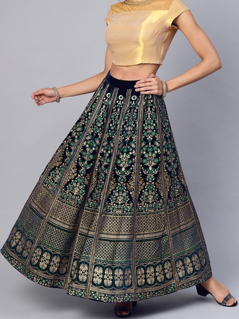 

Juniper Navy Blue & Green Velvet Foil Printed Flared Maxi Kalidar Skirt