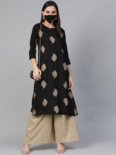 

Sringam Women Black Ethnic Motifs Printed Kurta with Mask