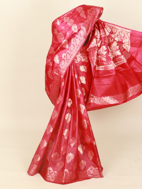 

Pothys Pink & Silver-Toned Ethnic Motifs Pure Silk Tussar Saree