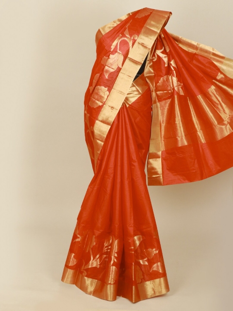 

Pothys Orange & Gold-Toned Floral Pure Silk Tussar Saree
