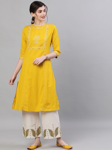 

Ishin Women Mustard Yellow Floral Embroidered Pure Cotton Kurta with Palazzos