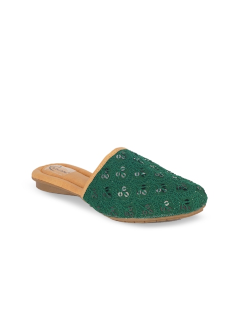 

The Desi Dulhan Women Green Embellished Mules Flats