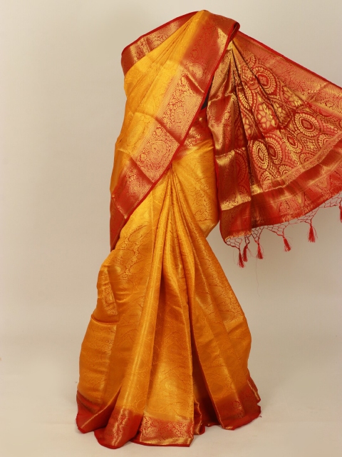 

Pothys Mustard & Gold-Toned Ethnic Motifs Zari Art Silk Banarasi Saree