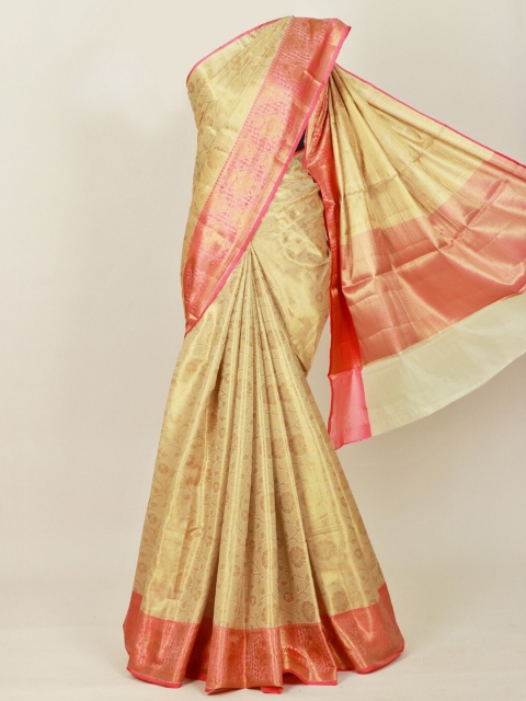 

Pothys Cream-Coloured & Pink Floral Zari Art Silk Banarasi Saree