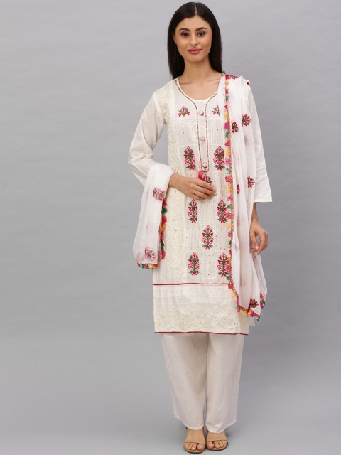 

Ishin Women Off White Ethnic Motifs Embroidered Pure Cotton Kurta with Palazzos & With Dupatta