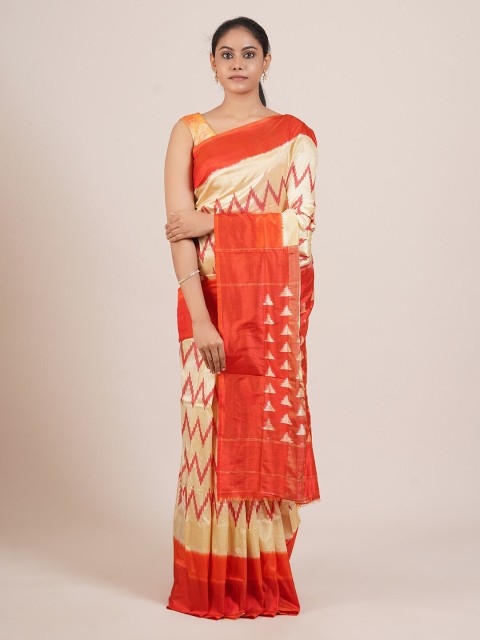 

Pothys Cream-Coloured & Red Pure Silk Kanjeevaram Saree