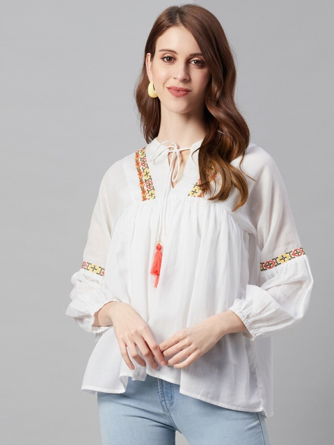 

Juniper Off White Tie-Up Neck Puff Sleeve A-Line Top