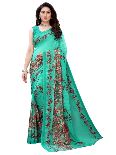 

KALINI Green & Red Floral Pure Georgette Saree