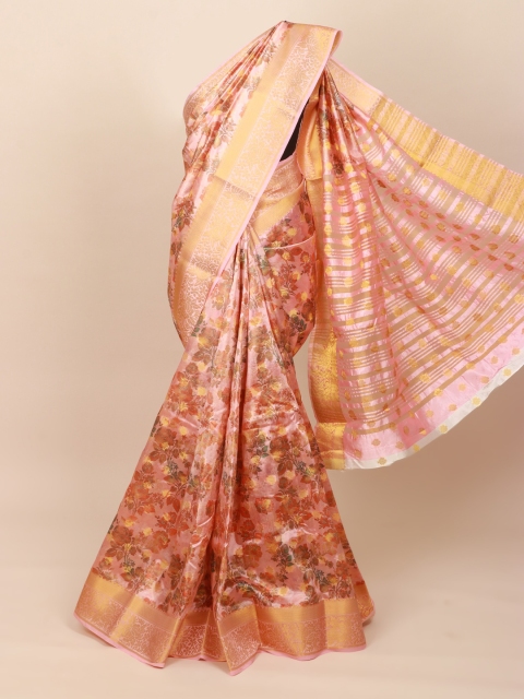 

Pothys Pink & Brown Floral Zari Art Silk Saree
