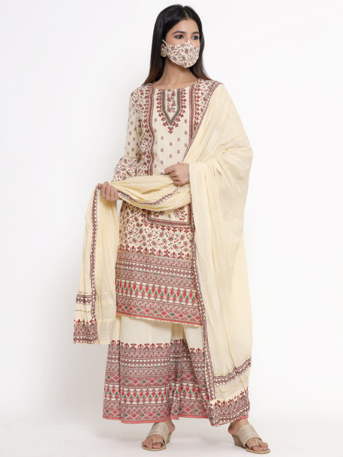 

Juniper Women Cream-Coloured Ethnic Motifs Printed Kurta with Palazzos & With Dupatta