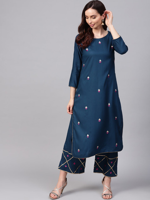 

Ishin Women Navy Blue Embroidered Kurti with Trousers
