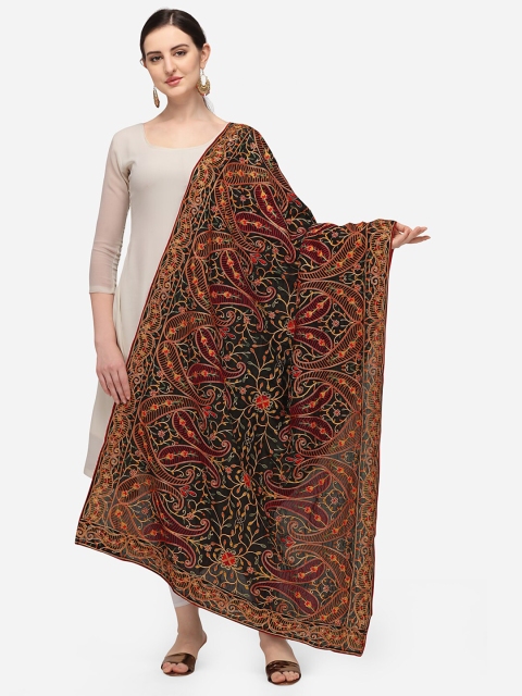 

VASTRANAND Black & Green Ethnic Motifs Embroidered Dupatta with Thread Work