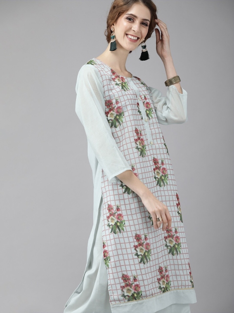 

Ishin Women Grey Floral Printed Chanderi Cotton Kurta with Trousers & With Dupatta