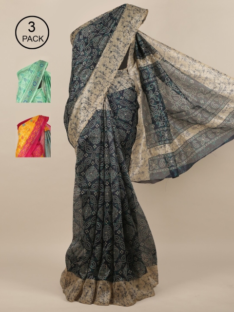 

Pothys Pack of 3 Navy Blue & Green Ethnic Motifs Jute Silk Saree