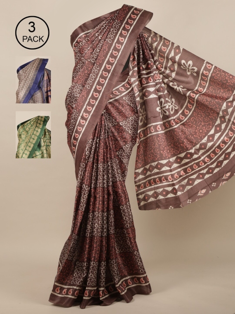 

Pothys Pack Of 3 Brown & Blue Jute Silk Saree