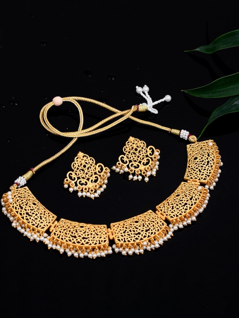 

Silvermerc Designs Gold-Plated White Pearl Beaded Filigree Jewellery Set