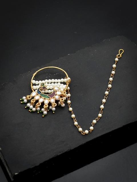 

Silvermerc Designs Gold-Plated White & Green Stone-Studded & Pearl Nosering With Chain