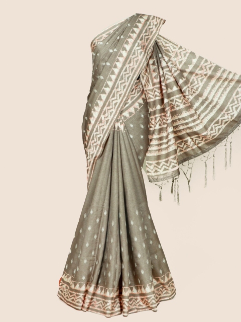 

Pothys Grey & Off White Ethnic Motifs Linen Blend Saree