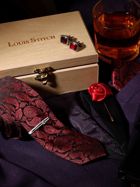 

LOUIS STITCH Mens Tie cufflinks pocket square brooch suit accessories set, Red