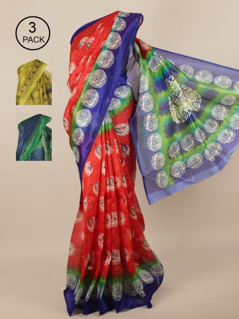 

Pothys Pack of 3 Jute Silk Printed Sarees, Red