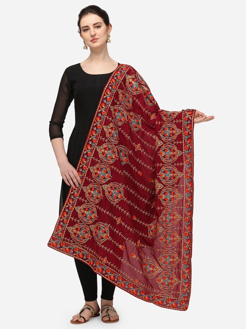 

VASTRANAND Maroon & Orange Ethnic Motifs Embroidered Dupatta with Thread Work
