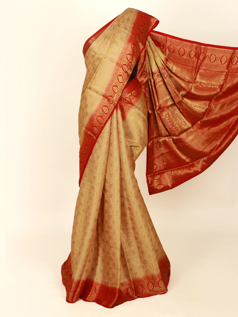 

Pothys Cream-Coloured & Red Floral Zari Art Silk Banarasi Saree