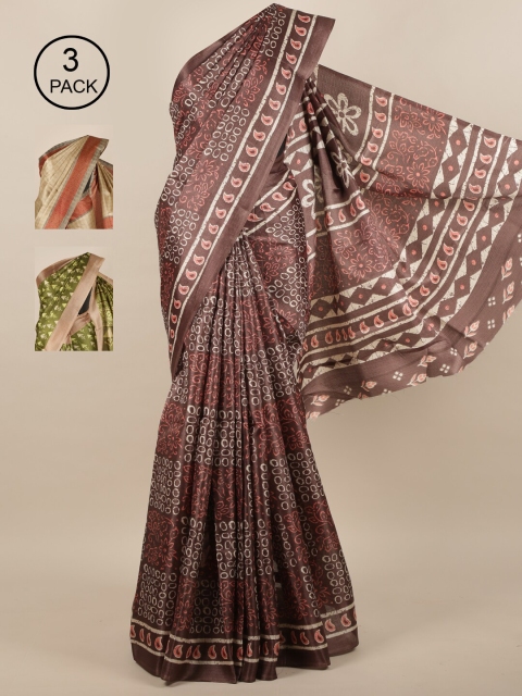 

Pothys Brown & Tan Pack Of 3 Floral Printed Jute Silk Saree