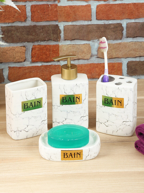 

House Of Accessories Set Of 4 White Marble Finish Bathroom Accessories