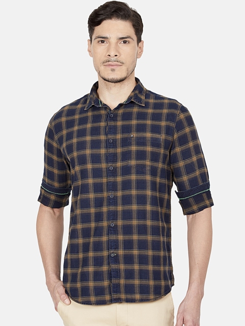 

Oxemberg Men Navy Blue & Beige Slim Fit Tartan Checked Cotton Casual Shirt