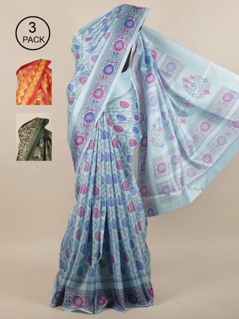 

Pothys Pack of 3 Jute Silk Saree, Blue