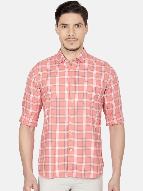 

Oxemberg Men Coral Pink Slim Fit Checked Cotton Casual Shirt