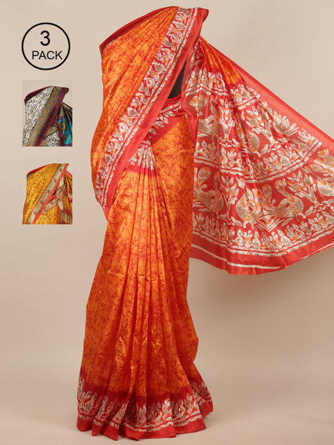 

Pothys Orange & White Pack of 3 Floral Jute Silk Saree