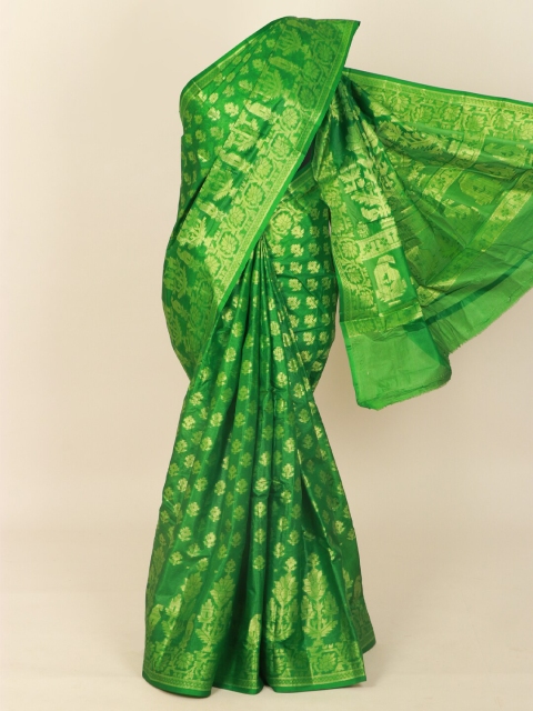 

Pothys Green & Gold-Toned Ethnic Motifs Pure Silk Tussar Saree