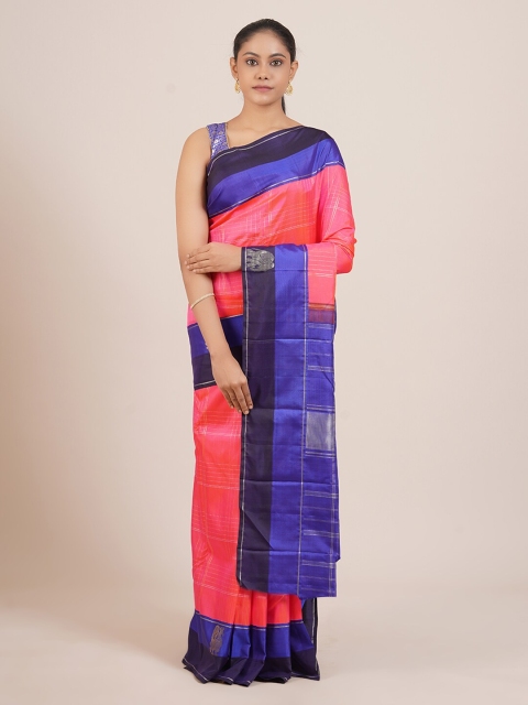 

Pothys Peach-Coloured & Blue Checked Zari Pure Silk Kanjeevaram Saree