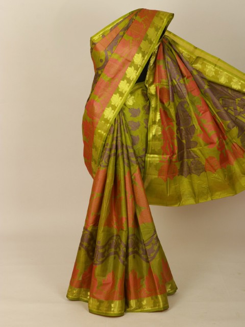 

Pothys Green & Red Floral Zari Pure Silk Tussar Saree