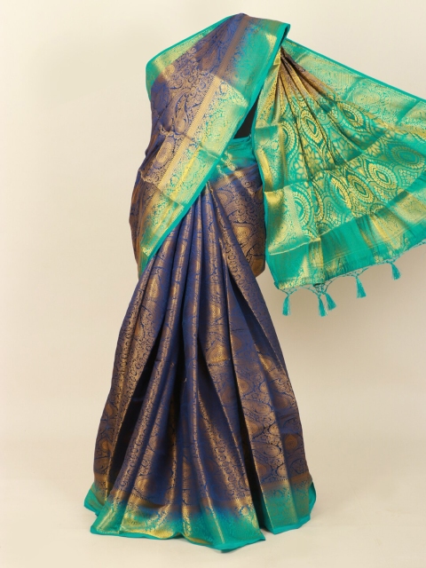 

Pothys Blue & Gold-Toned Ethnic Motifs Zari Art Silk Banarasi Saree