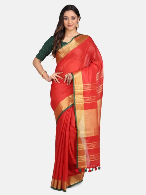 Mirraw Red & Gold-Toned Linen Blend Fusion Saree