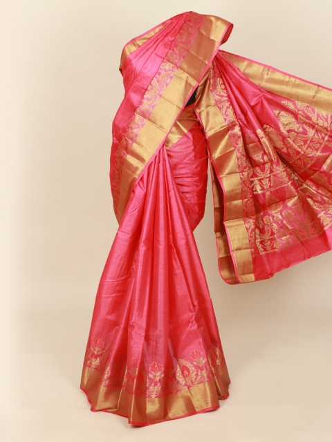 

Pothys Magenta & Gold-Toned Floral Pure Silk Tussar Saree