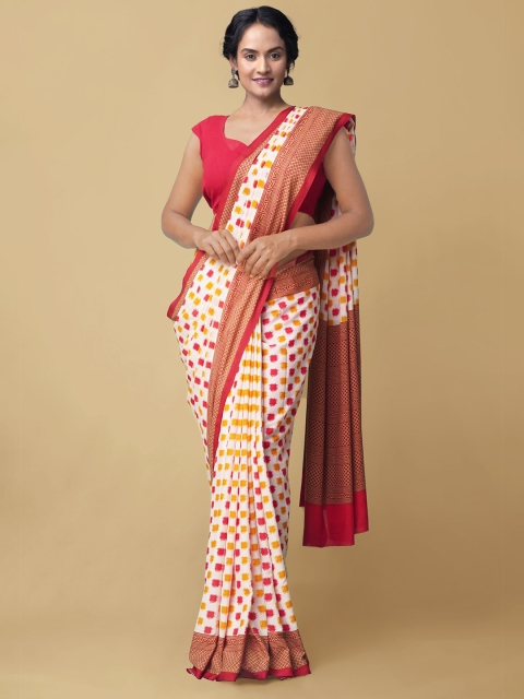 

Unnati Silks Off White & Red Pure Crepe Pochampally Saree